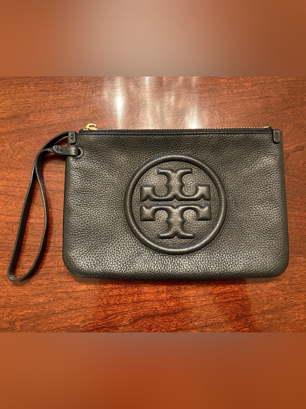 Womenās Black Leather Wristlet Clutch Purse with Embossed Logo
